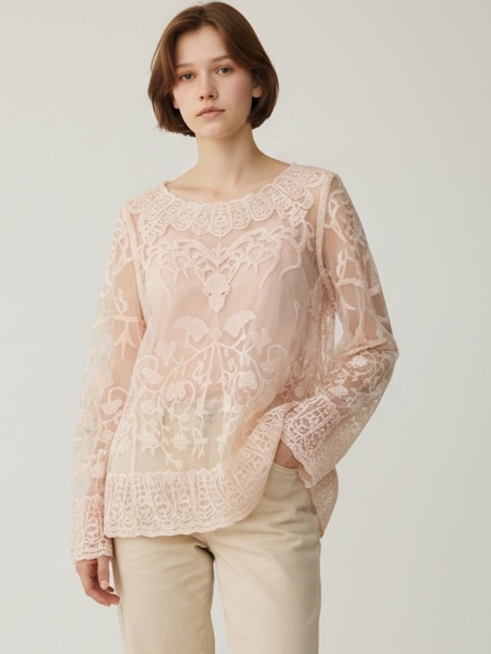 Breeze Ever Blush Pink Sheer Mesh Embroidered Lace Boho Blouse Top Size Large